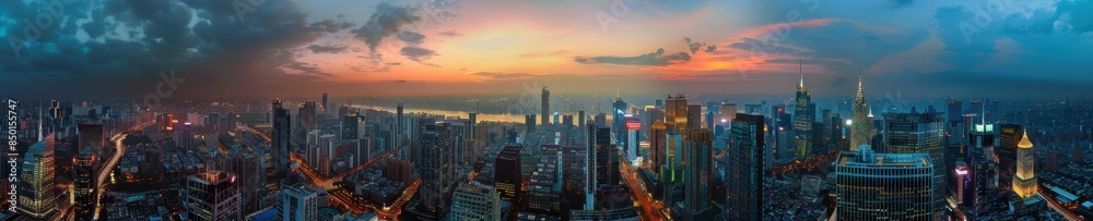 Fototapeta premium Dynamic Urban Twilight - Wide-Angle Cityscape with Illuminated Skyscrapers and Bustling Streets at Dusk