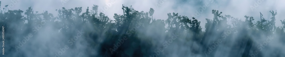 Enigmatic Fog Blanketing Mysterious Forest - Atmospheric Shot of Misty Trees in Haunting Atmosphere