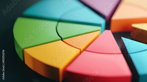 3D illustration of a pie chart with seven slices in various colors.