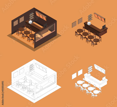 isometric cafeteria dinning illustrator block