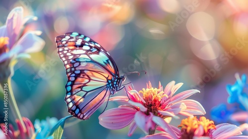 A beautiful butterfly with vibrant colors is shown in the middle of a field of flowers