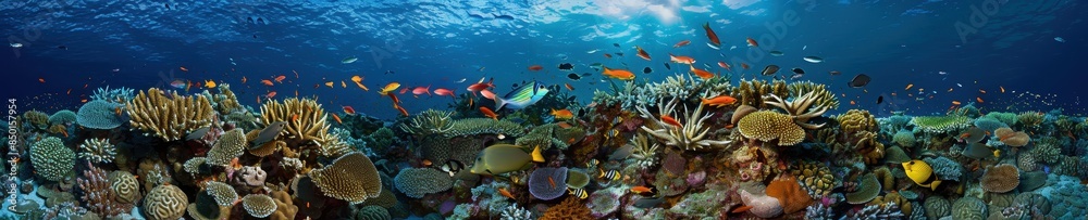 Discover the stunning beauty of a vibrant coral reef ecosystem teaming with colorful marine life in the deep blue ocean backdrop Discover the stunning beauty of a vibrant coral reef ecosystem teaming with colorful marine life in the deep blue ocean backdrop