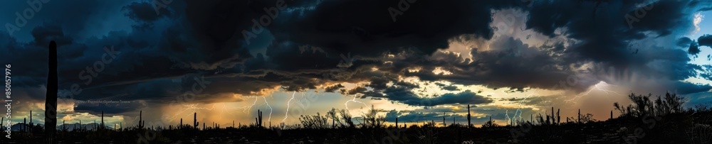 Desert Storm: Dramatic Sky with Dark Clouds, Lightning, and Cacti Silhouettes Desert Storm: Dramatic Sky with Dark Clouds, Lightning, and Cacti Silhouettes