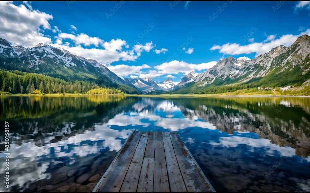 mountain lake with a rustic wooden dock extending into beautiful lake. Wooden pier with clear lake in the Alps in summer.