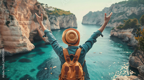  young man wearing hat enjoying travel and adenture at a exotic beach and cheering
 photo