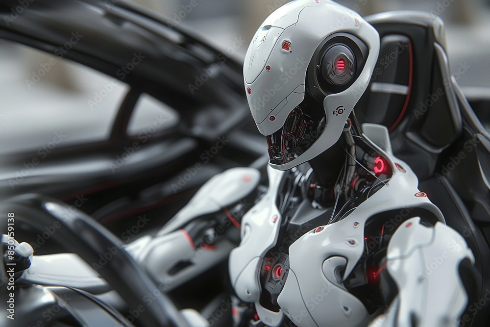 Fototapeta premium futuristic robot driving car by generative ai