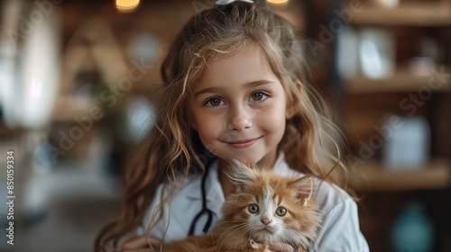 Portrait of a cute little veterinarian holding an animal toy. Show the peace sign Copy space for text