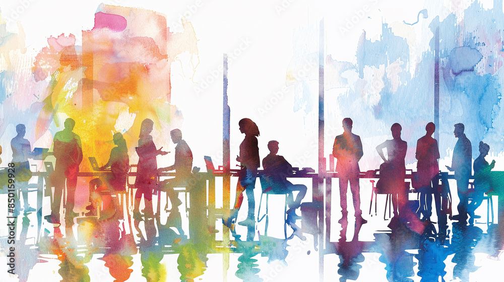 Naklejka premium Colorful silhouettes of people painted in watercolor in a city at a networking event 