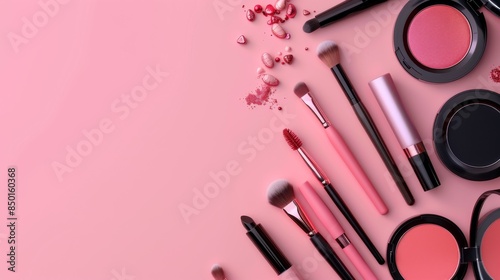 Copy space featuring trendy makeup products for beauty concept.