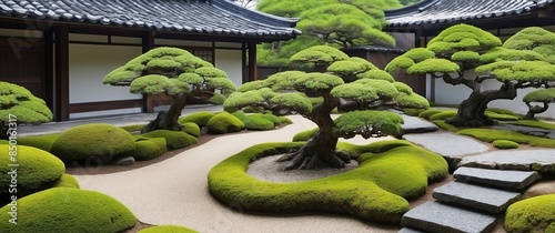 A tranquil Japanese zen garden with manicured bonsai trees, moss-covered ground, and traditional architecture, perfect for meditation and peaceful retreats.