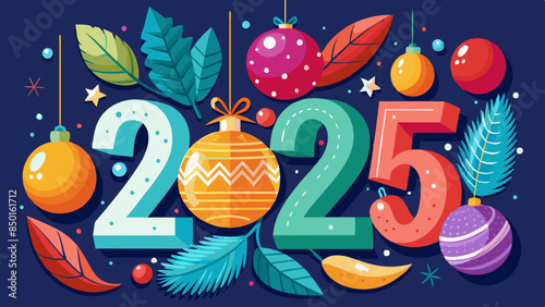 New Year greeting card with colorful text "2025" and xmas decor baubles on dark blue, vector illustration. . Happy new year banner template