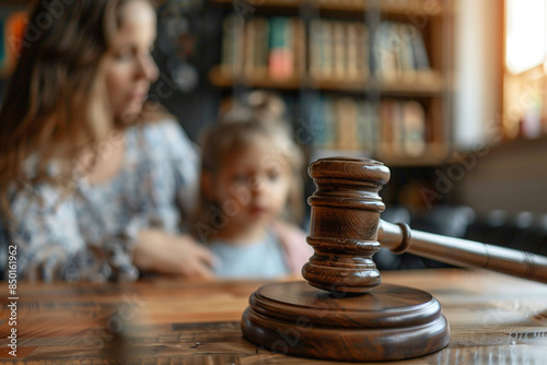 A close-up of a judge's gavel highlights a courtroom scene, with a blurred child in the background, symbolizing the delicate and impactful nature of child custody decisions.