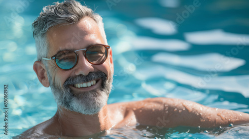 Lachender älterer Mann geniesst sein Leben bei Sonne im Schwimmbad © Daniel Ernst