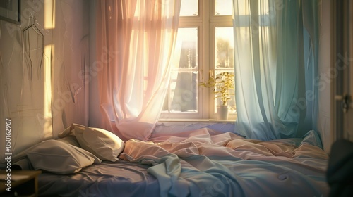 A small, charming bedroom bathed in the soft light of dawn, with pastel-colored curtains billowing gently at an open window, refreshing the room with a light breeze.