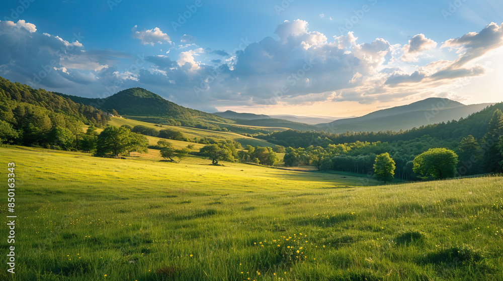 Idyllic meadow with rolling hills and clear blue sky Idyllic meadow with rolling hills and clear blue sky