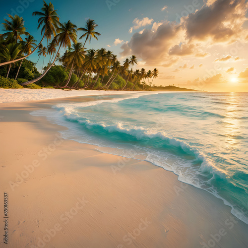view of beautiful beach and palm trees sway gently in the warm breeze, ai generated