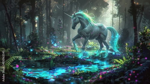 Long shot of a majestic unicorn with holographic mane trotting through a high-tech forest, with bioluminescent trees and holographic flora, digital painting, vibrant colors photo