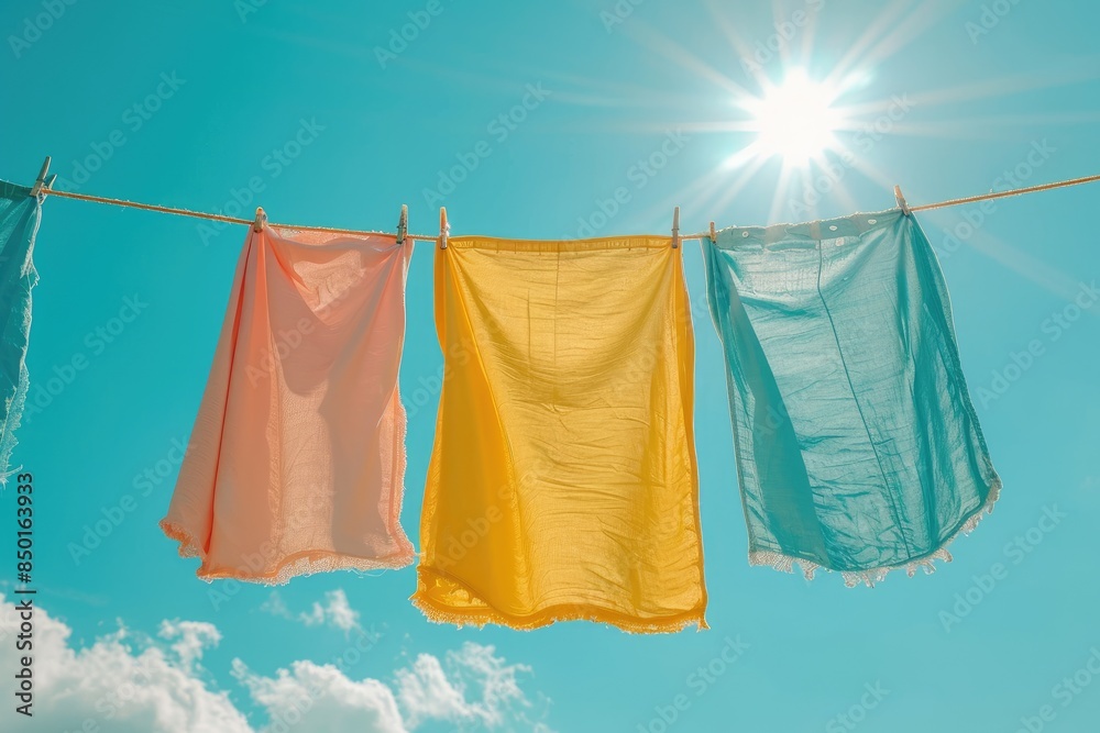 A pastel array of clothes drying on a clothesline, gently swaying in the breeze under the warm glow of a setting sun. A pastel array of clothes drying on a clothesline, gently swaying in the breeze under the warm glow of a setting sun.