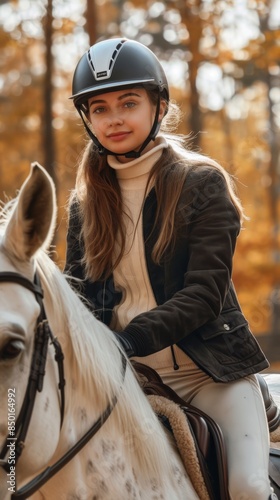 A woman in riding gear sits on the back of a white horse