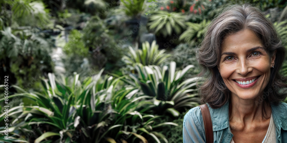 Portrait of a Mature Woman in a Botanical Garden, the Female's Smiling Face Shows How Much She is Enjoying the Green Nature Surrounding Her