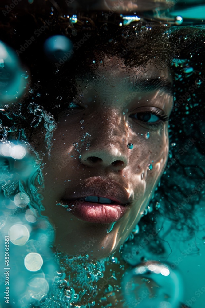 Underwater portraits of curly-haired women, underwater photography soft light and deep blue water create shadows. In fashion style fashion magazine cover editorial style with surrealistic style Underwater portraits of curly-haired women, underwater photography soft light and deep blue water create shadows. In fashion style fashion magazine cover editorial style with surrealistic style