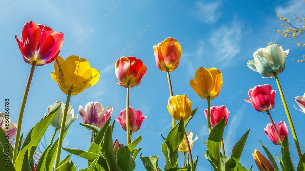 A cluster of colorful tulips standing tall in a garden with a blue sky A cluster of colorful tulips standing tall in a garden with a blue sky