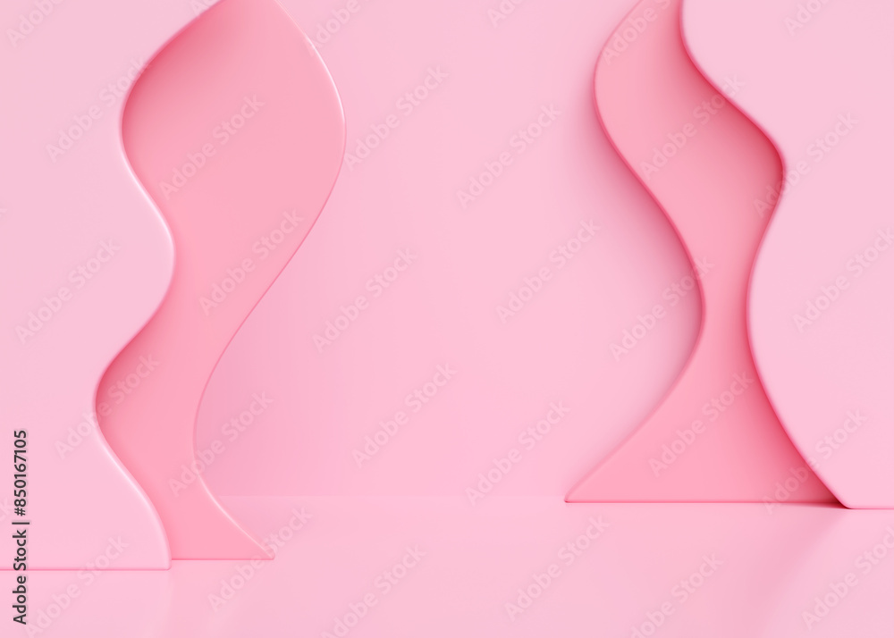 Empty pink pastel studio bg with floor and vertical wave decoration wall for product show. 3d render illustration of simple room podium background. Promotion scene with rose color wavy surface. Empty pink pastel studio bg with floor and vertical wave decoration wall for product show. 3d render illustration of simple room podium background. Promotion scene with rose color wavy surface.