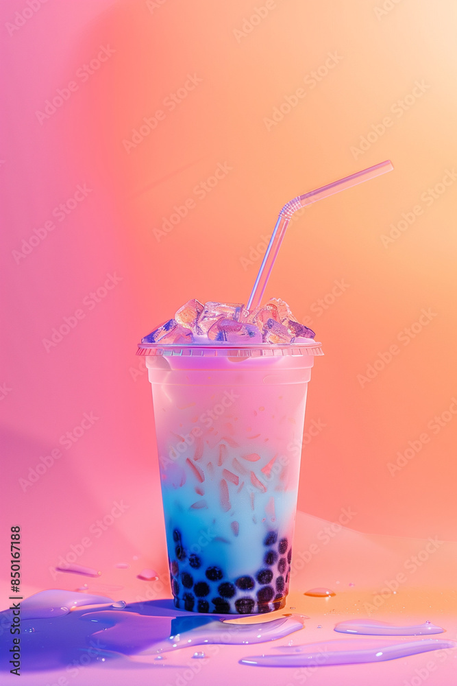 A delightful bubble tea with blue and white layers, garnished with ice and boba pearls, set against a soft pastel background, exuding a refreshing and soothing vibe A delightful bubble tea with blue and white layers, garnished with ice and boba pearls, set against a soft pastel background, exuding a refreshing and soothing vibe