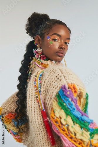 Fashion Editorial Shot of a Stylish Woman with Colorful Makeup and Knitwear photo