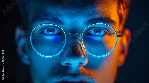 A man with glasses illuminated by a blue light source, creating a striking visual effect on his face