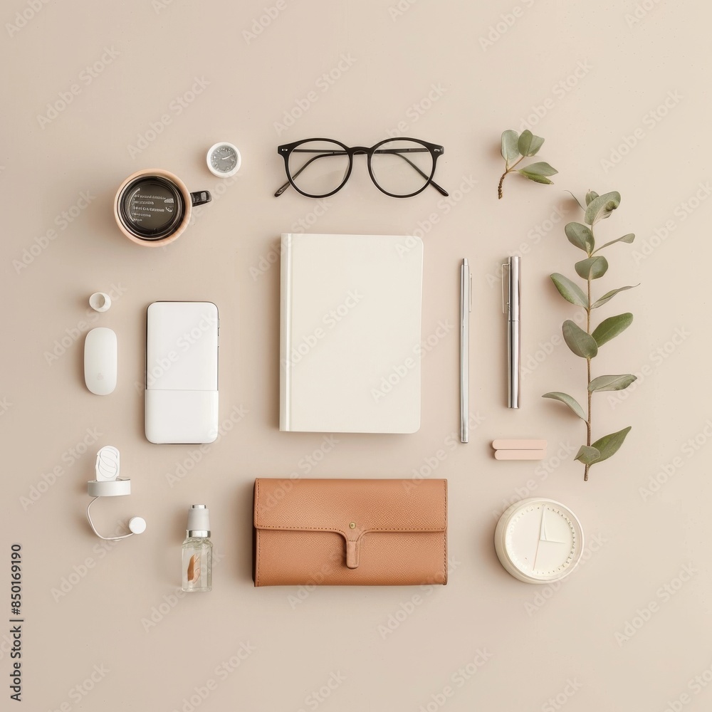 A collection of items including a book, a pen, a cell phone, a cup, and a clock