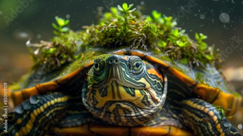 A close-up of a turtle with green moss on its shell. The turtle is looking at the camera. photo