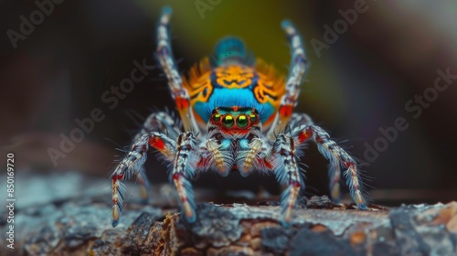 A close-up photograph of a peacock spider. The spider has bright blue and yellow markings on its body and is sitting on a brown leaf. photo