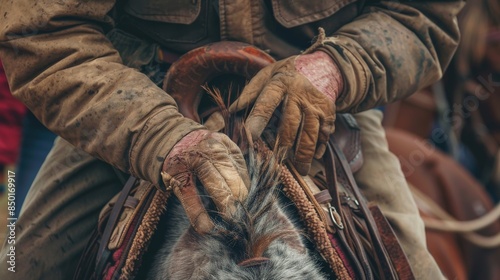 A cowboy is holding the reins of his horse