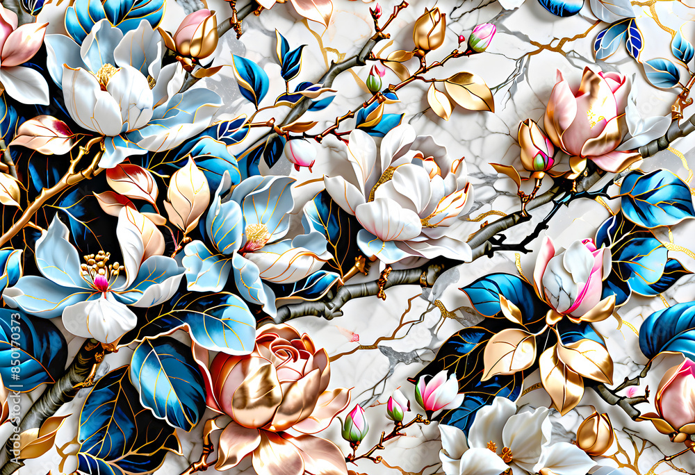 custom made wallpaper toronto digital3D Wallpaper Blue flowers with golden branches on a light grey marble background. Wallpape Blue and white flowers on a light marble background.