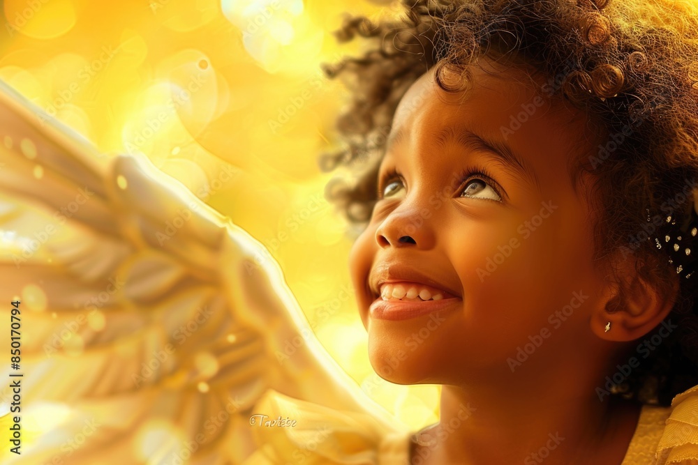 Fototapeta premium A young girl wearing angel wings on her head, in a whimsical and imaginative scene