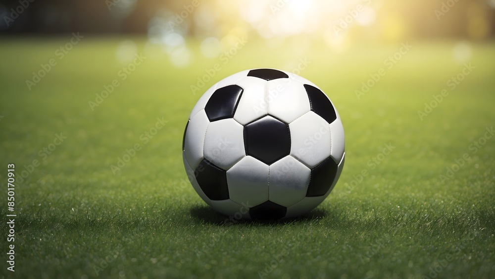 Obraz premium Soccer ball on green grass background, football background.