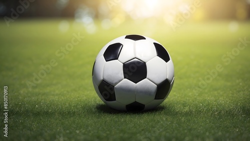 Soccer ball on green grass background, football background.
