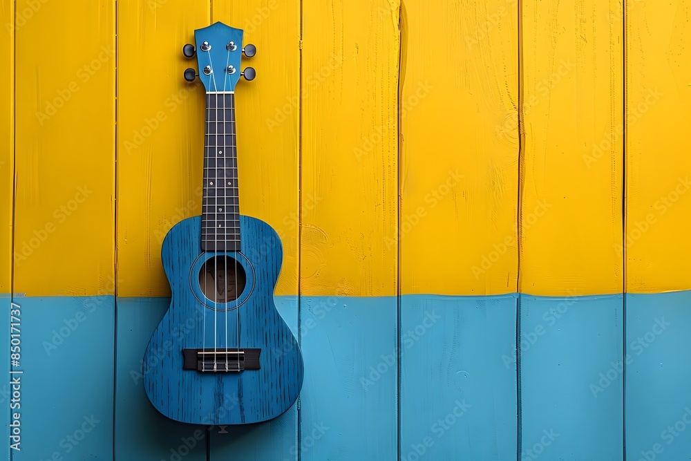 Obraz premium Blue Ukulele on Vibrant Yellow and Blue Wooden Background - Musical Instrument Art for Wall Decor or Promotional Use