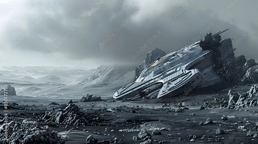 Alien black sand landscape with giant sulfide minerals in the foreground, a Nordic rocky black rubble environment, and a sci-fi futuristic spaceship in the background. Alien black sand landscape with giant sulfide minerals in the foreground, a Nordic rocky black rubble environment, and a sci-fi futuristic spaceship in the background.