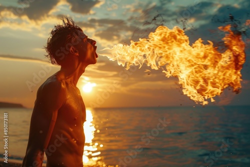 A person standing on a beach with flames in their mouth, no explanation needed