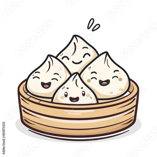 Cute Dumplings Cartoon Mascot in Bamboo Steamer Vector Illustration