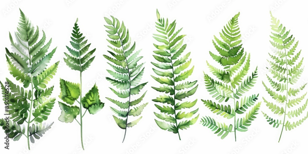 Obraz premium A collection of green leaves on a plain white background, suitable for use in designs and illustrations