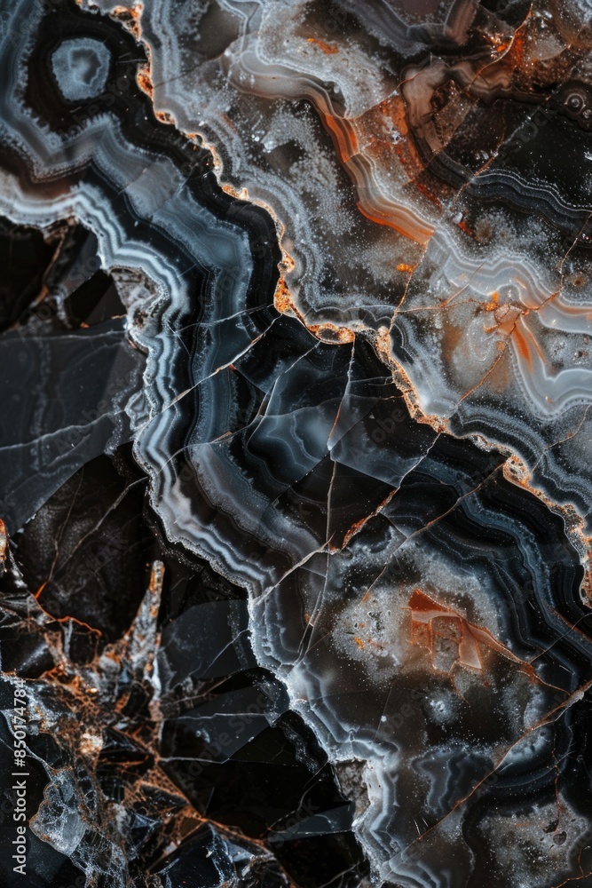Close-up shot of a beautiful black and orange marble, with intricate patterns and colors Close-up shot of a beautiful black and orange marble, with intricate patterns and colors