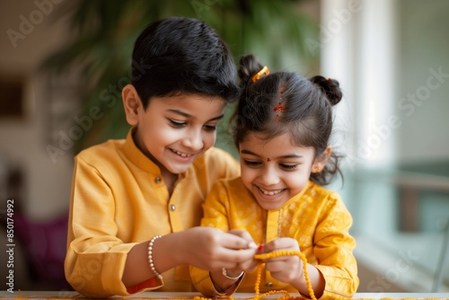 Beautiful Hindu children, girls and boys. Brother and sister. Rakha. Raksha Bandhan. Religious holiday of Hindus. Celebration photo