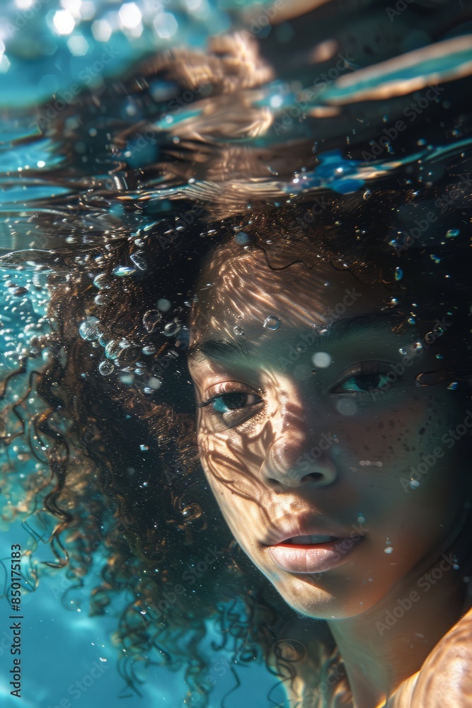 Underwater portraits of curly-haired women, underwater photography soft light and deep blue water create shadows. In fashion style fashion magazine cover editorial style with surrealistic style Underwater portraits of curly-haired women, underwater photography soft light and deep blue water create shadows. In fashion style fashion magazine cover editorial style with surrealistic style