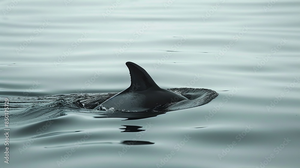 Fototapeta premium A lone dolphin fin breaks the surface of the water.