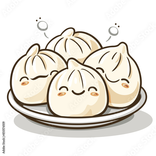 Cute Dumplings Cartoon Mascot in Bamboo Steamer Vector Illustration