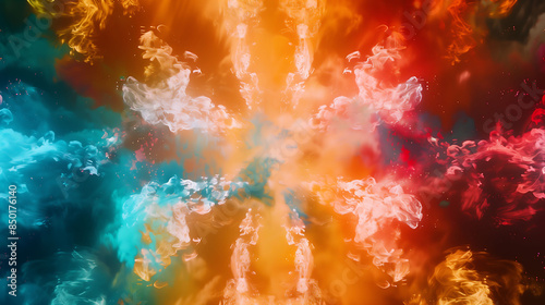 Bright bursts of colorful smoke spreading outwards, creating a mesmerizing and kaleidoscopic display © GraphicXpert11