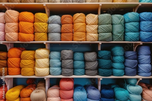 Colorful Array of Yarn Skeins Organized Neatly on Wooden Shelves photo